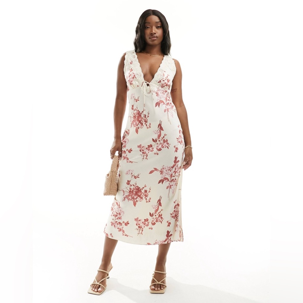 Abercrombie & Fitch floral lace midi slip dress in cream
